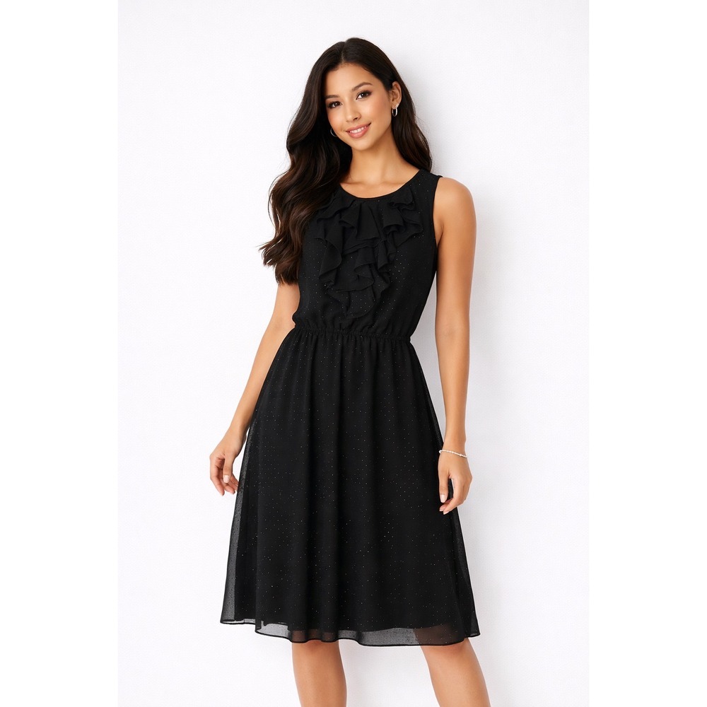 Emma & Michele Black Dress W/Sparkle Dots Sleeveless Ruffled Neckline Women's 10
